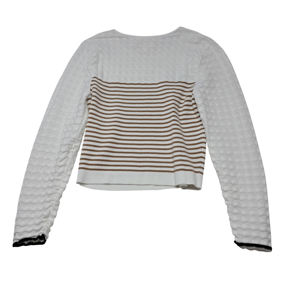 Anthropologie Maeve Sweater Womens Large White Tan Striped Pointelle Long Sleeve - Picture 3 of 10